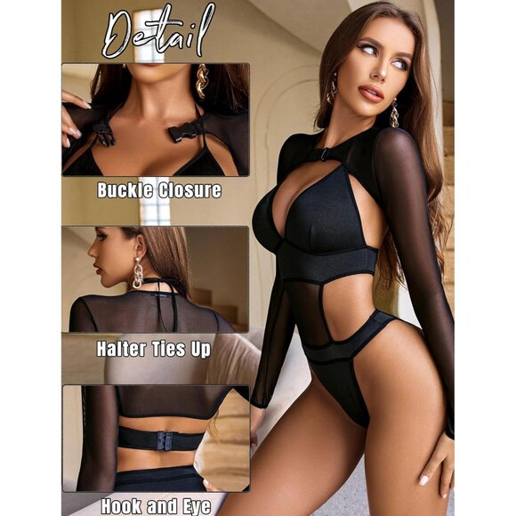 Women Black 1 Festival Sexy Lingerie Bodysuit Buckle Shrug Crop Top Set Outfits - Picture 3 of 6